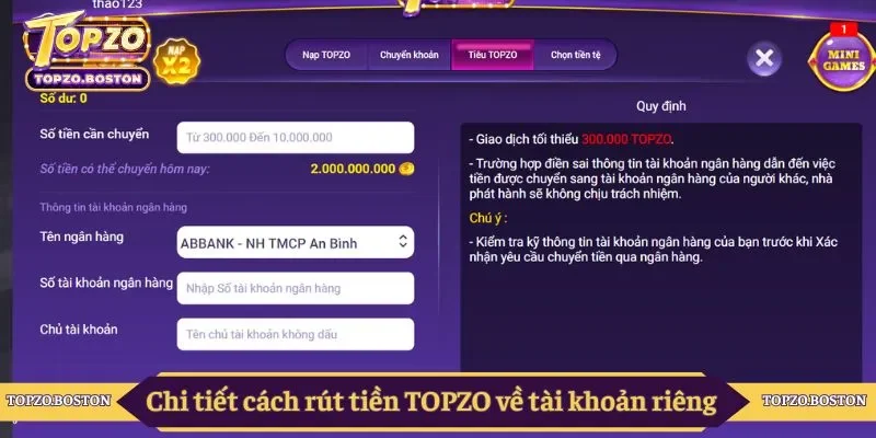 Chi tiết cách rút tiền TOPZO về tài khoản riêng